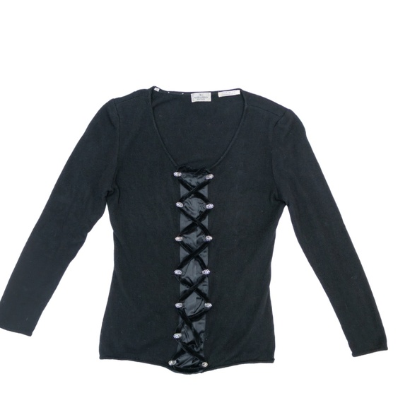 VTG RARE Valentino Boutique Vintage Black Knit Top Crystals & Velvet Trim – Size - Picture 1 of 6